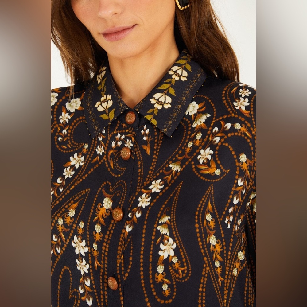Farm Rio: Black Garden Printed Buttons Viscose Shirt - Picture 3 of 16
